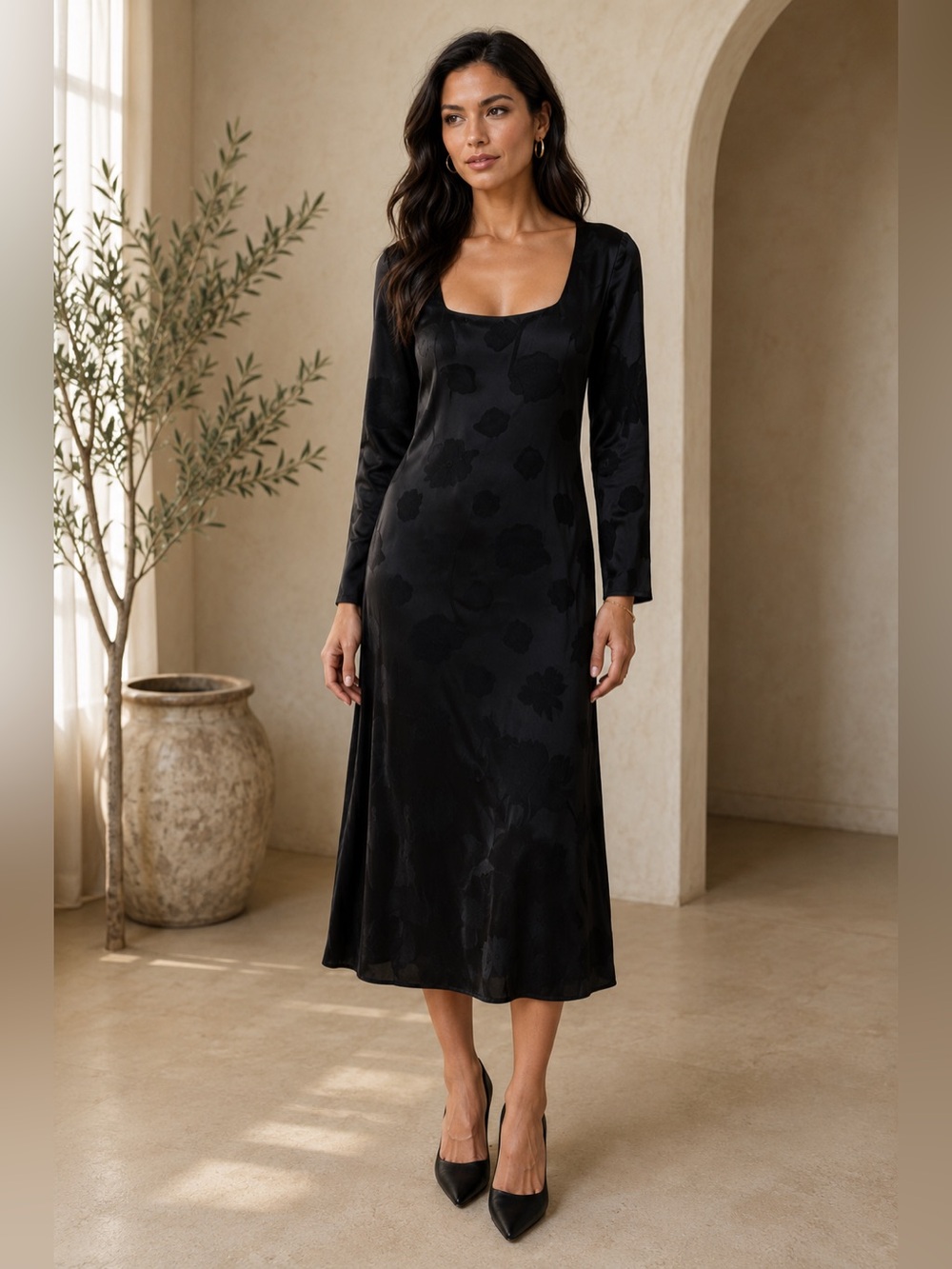 NEW Marina Moscone Floral Print Long Sleeve Midi Dress – Black – Size 8 - $995